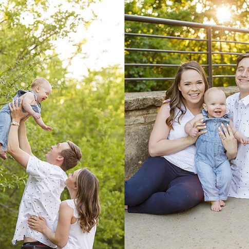 two pictures of young family with one year old son outdoors at arbor hills plano family photograhpy