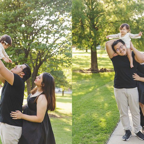 two pictures of an Asian family with one year old baby girl. Left photo is the parents holding her in the air and looking at her, and right side photo is baby girl on dad's shoulders while mom looks at her and they are all smiling. Plano family photography