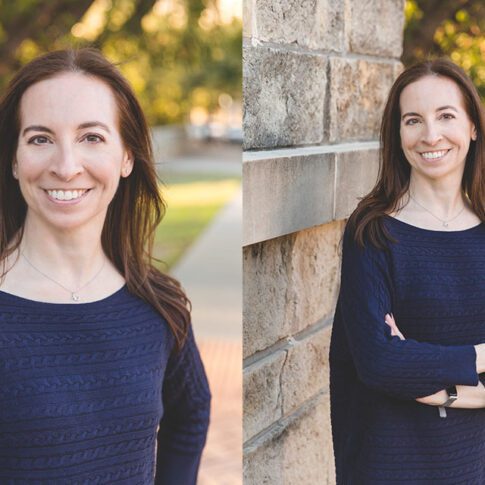 two vertical images of a white woman smiling at camera, in a close up and 3/4 headshot style image - plano personal branding headshots