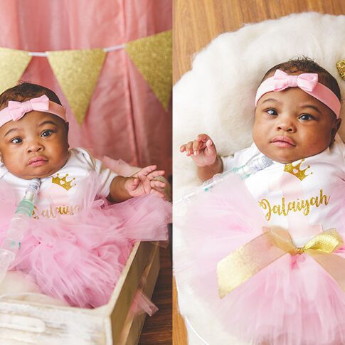 two photos of a one year old Black disabled baby in a pink and gold set