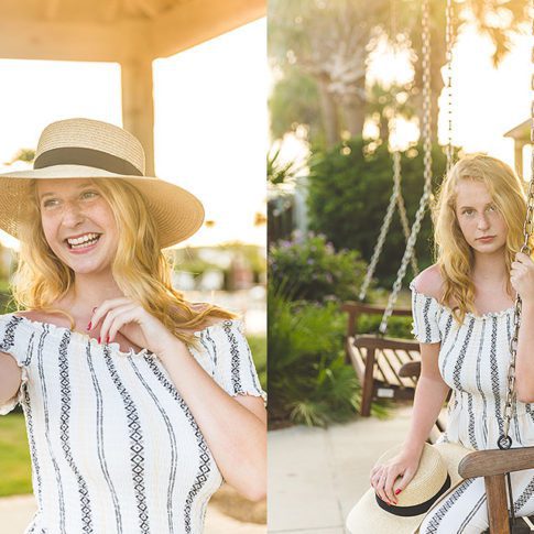 two photos of a high school senior girl, outdoors in a white jumpsuit with tan hat. Sunny senior photography session by Plano Senior Photographer