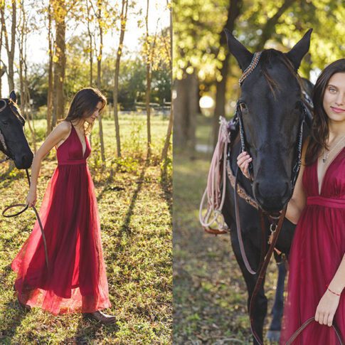 high school senior outdoor photos with horse, and a long red dress, mckinney senior photography