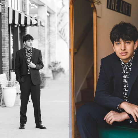 collage of two senior photos: black and white full length outdoor with vintage city block behind, and indoor color photo of south Asian teenage boy - wearing all black in both photos - mckinney senior photos