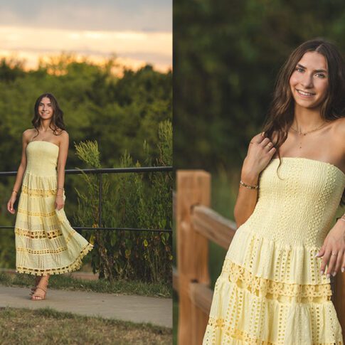 diptych of senior girl with tan skin and a yellow dress at arbor hills nature preserve in plano - plano senior photography