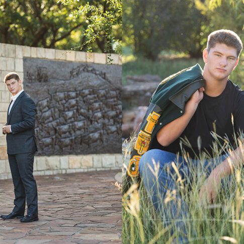 two photos of a senior boy with light skin, one in a suit and one in a casual outfit outside in a park - plano senior photography
