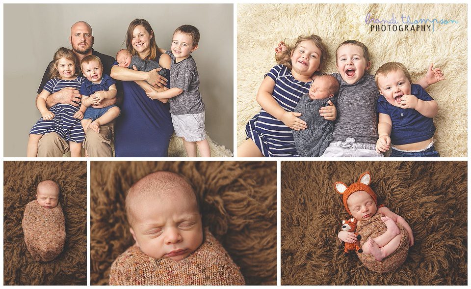 newborn photos of baby boy in studio with family and siblings, and on brown rug