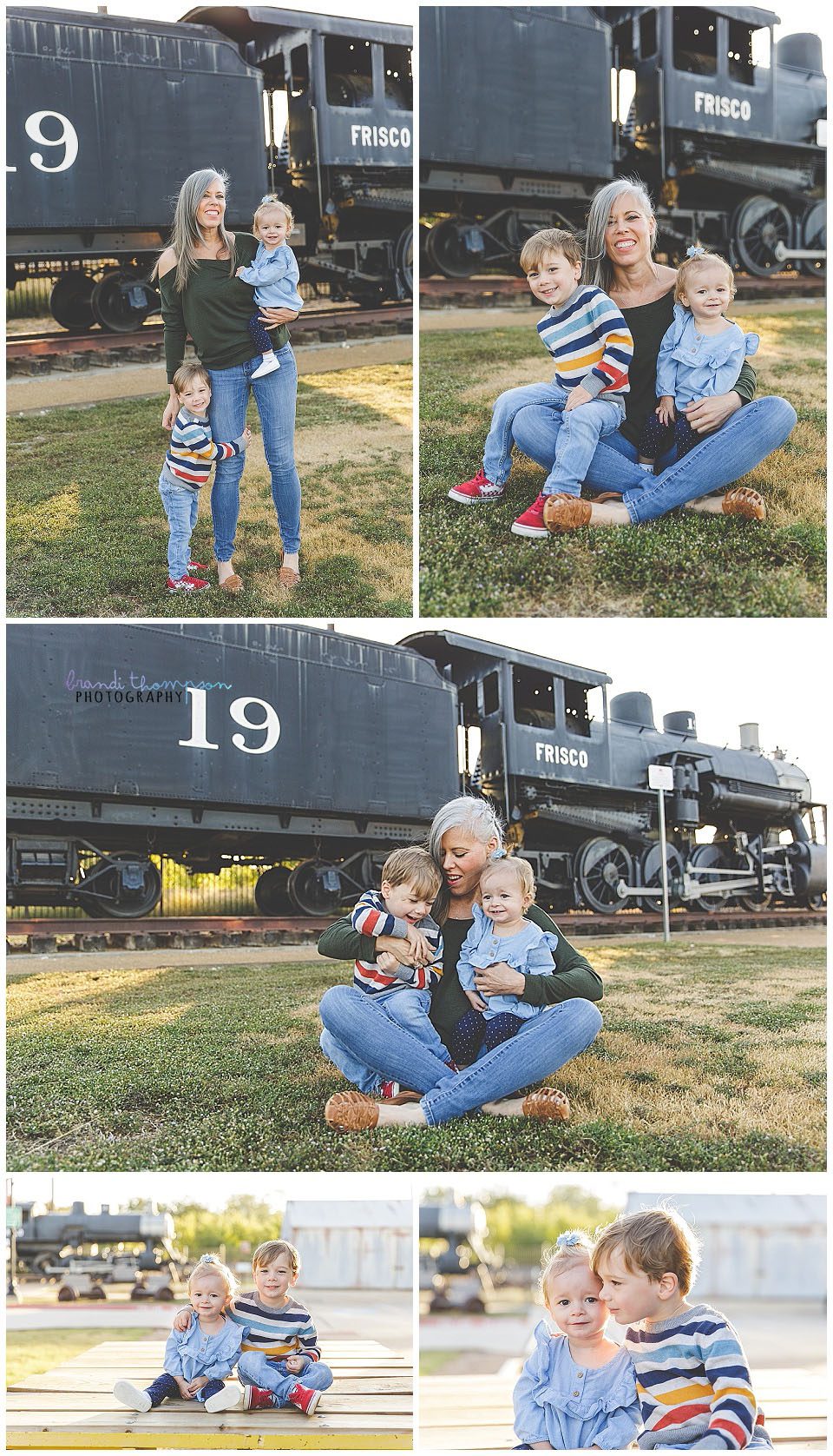 outdoor family session in frisco, tx with rustic buildings, mama and young son and daughter