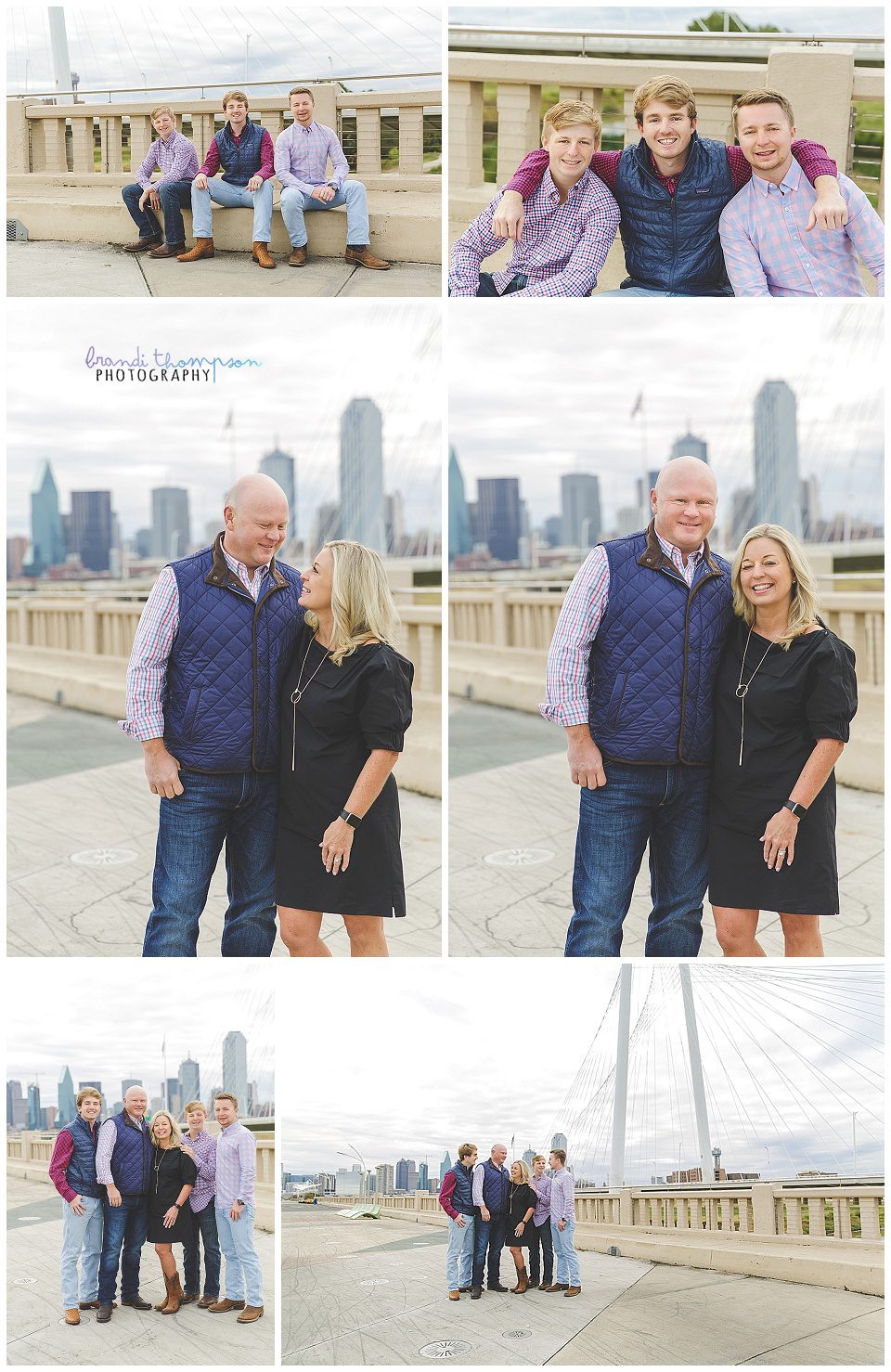 downtown family session with three grown sons and dallas skyline
