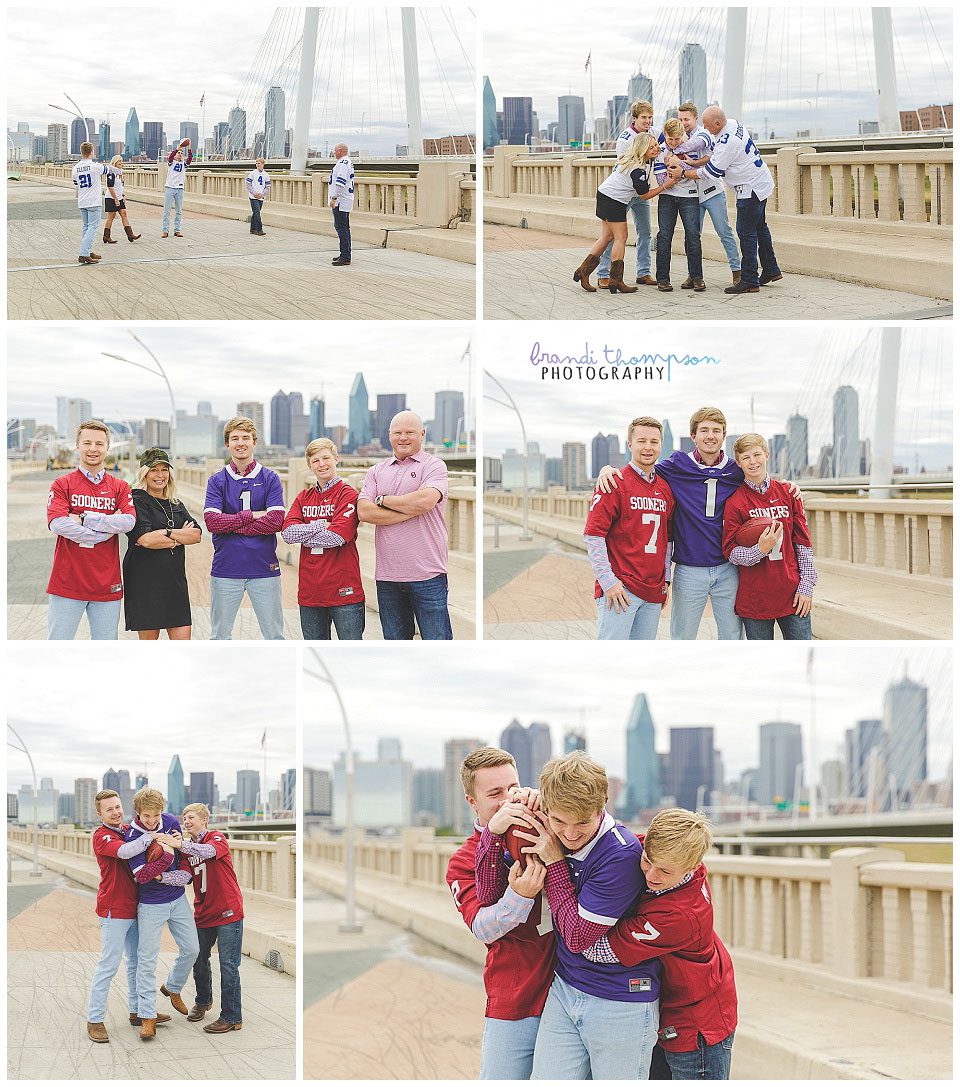 downtown family session with three grown sons and dallas skyline, family playing with football