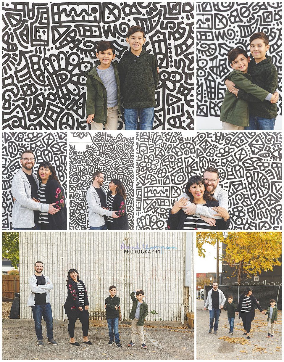 urban downtown family session in dallas tx with murals, trees, two sons and mom and dad
