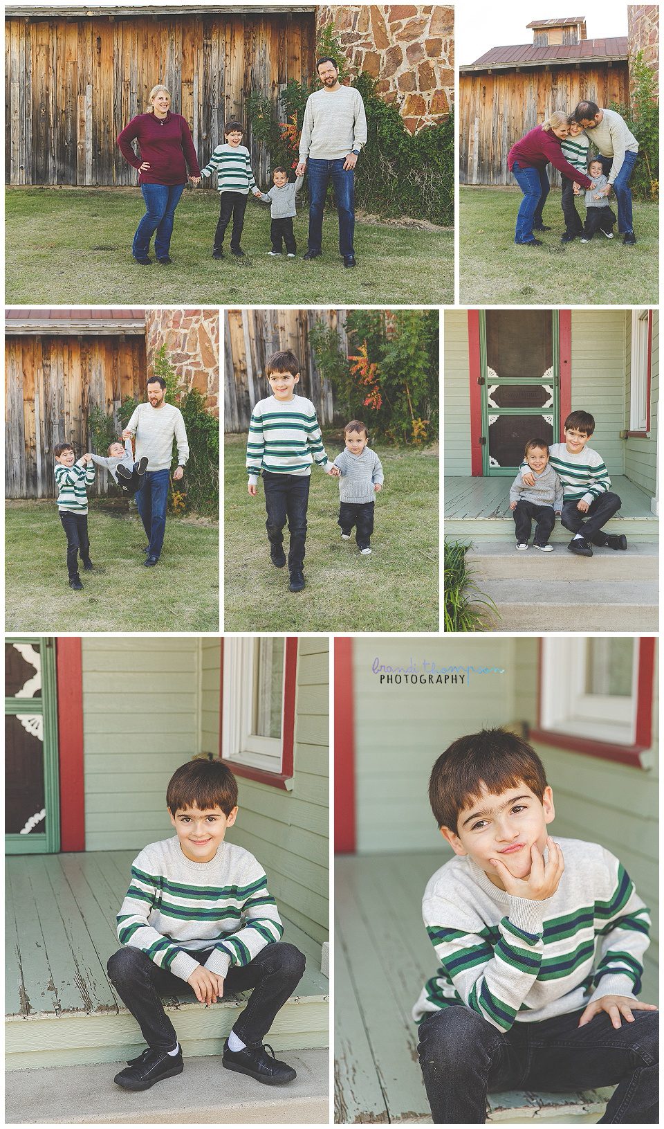 outdoor family photos with dad, mom, two young boys at a rustic setting in frisco, tx