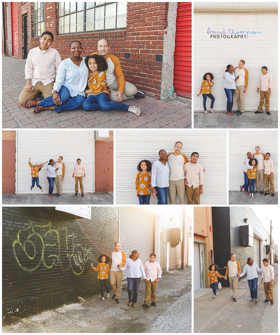 urban outdoor family session in deep ellum tx with dad, mom, big brother and little sister