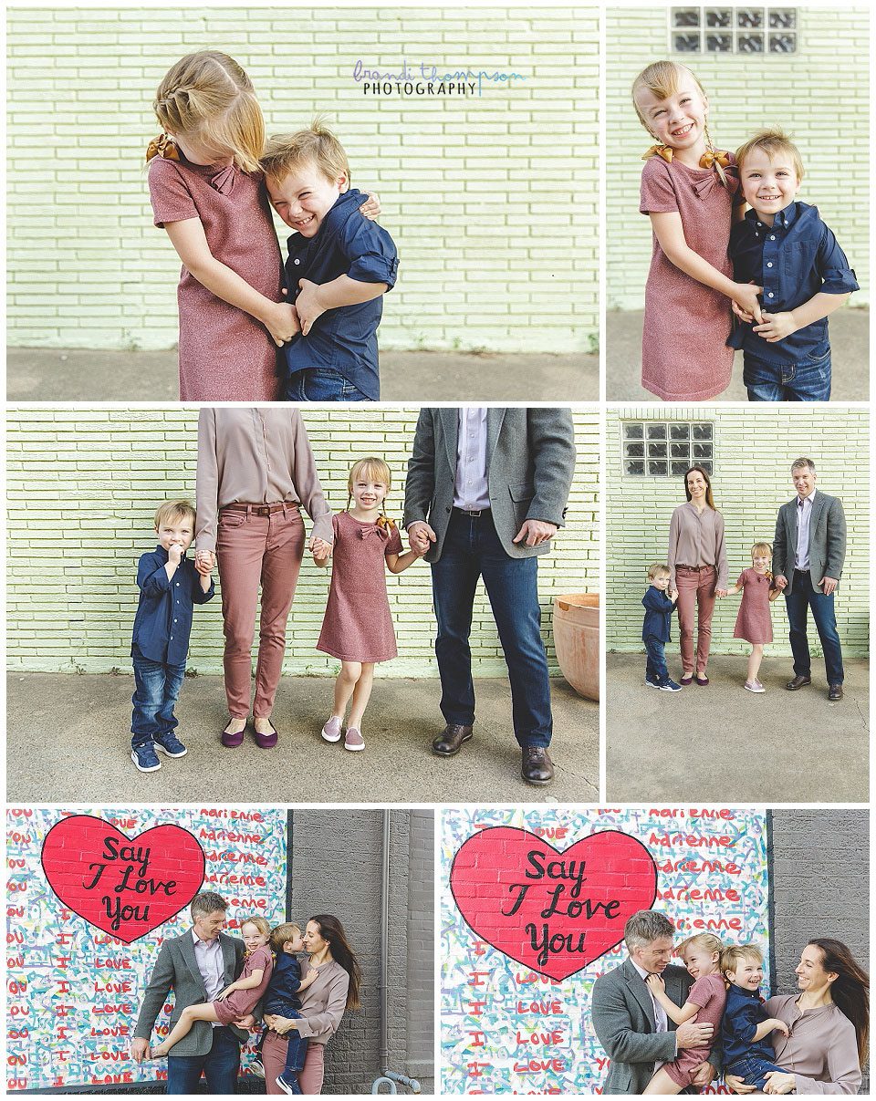 urban outdoor family session in deep ellum tx, with dad, mom, big sister and little brother