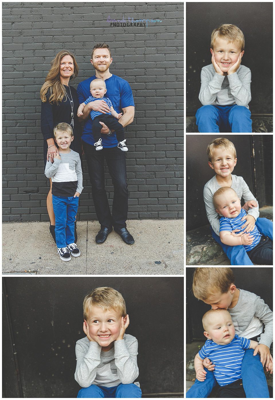 outdoor urban family session with dad, mom and two young sons in deep ellum, tx