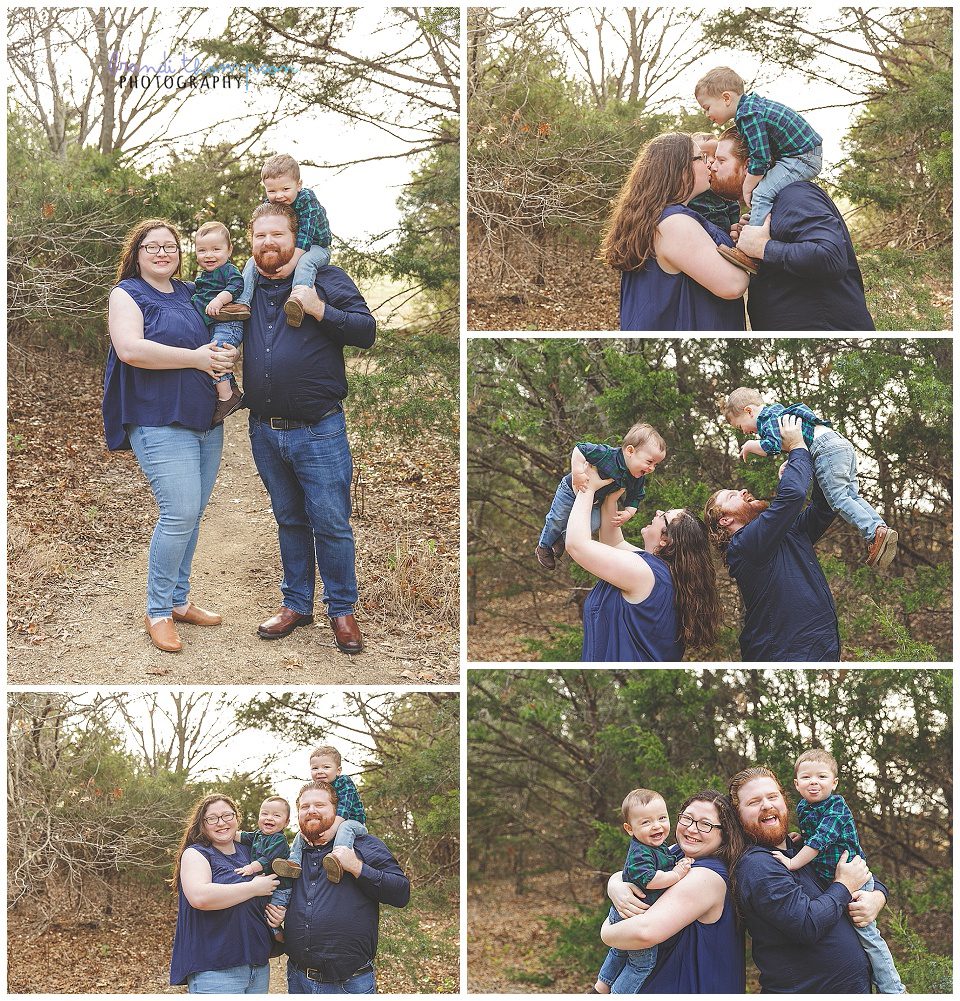 outdoor family photos with one year old, big brother, and parents at arbor hills nature preserve in plano, tx