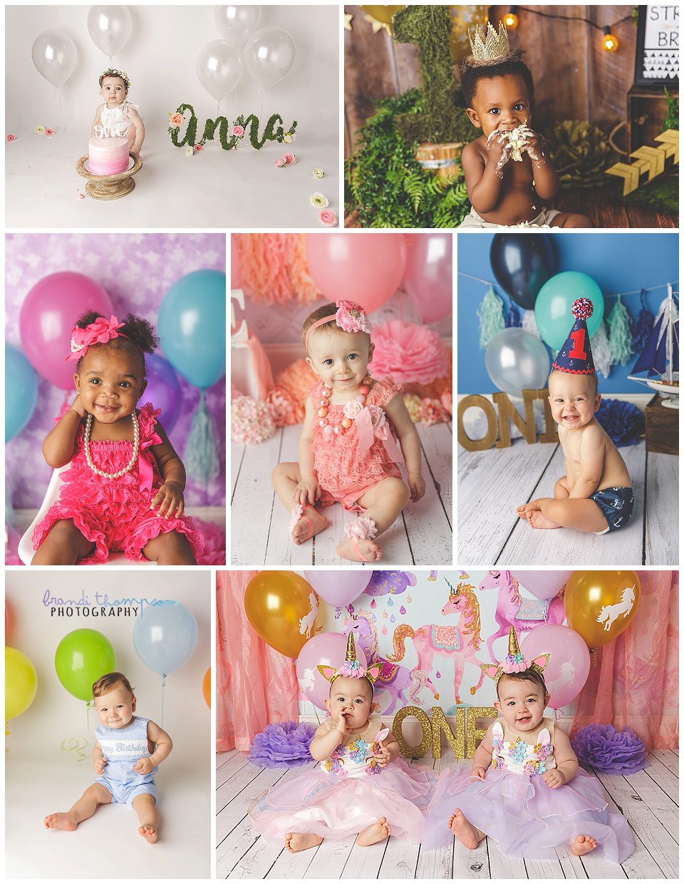 Collage of first birthday cake smash sessions, boys, girls and twins. plano, tx studio