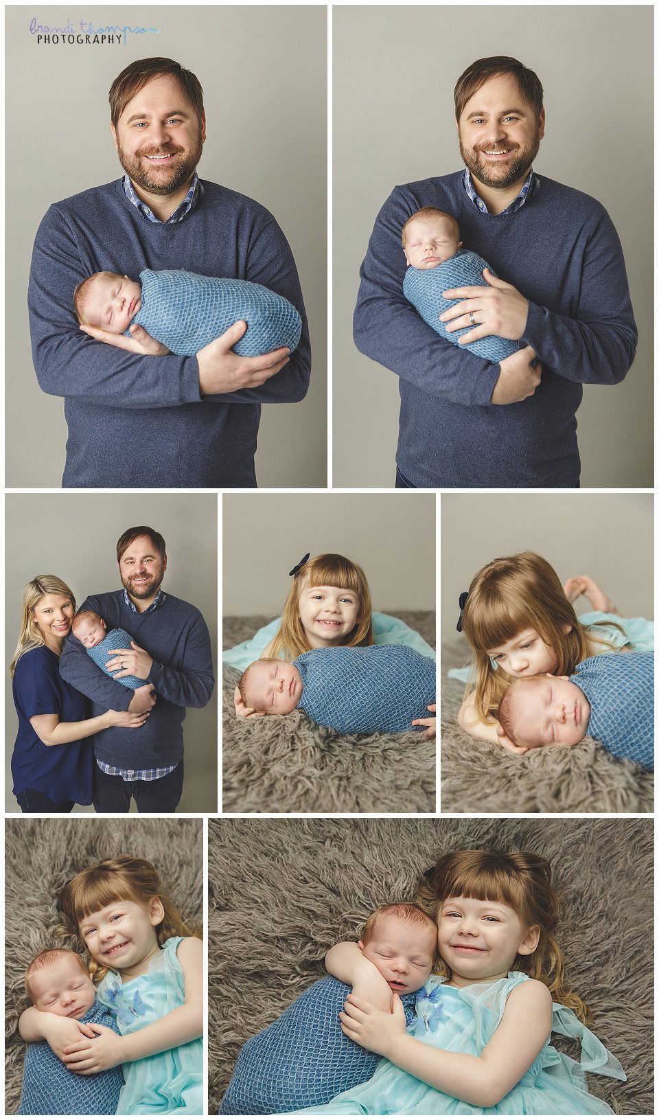 family photos in studio with newborn boy, 3 year old sister, and mom and dad, all wearing shades of blue, studio in plano, tx 