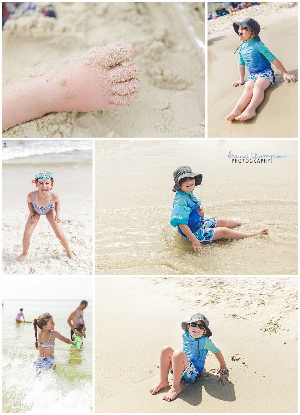 collage of beach photos with kids