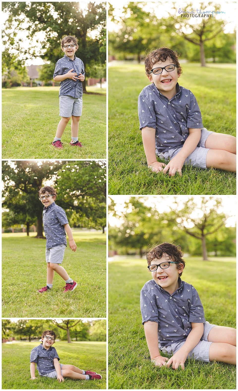 seven year old boy portraits in plano, tx - boy in blue shirt, tan shorts and glasses with red shoes