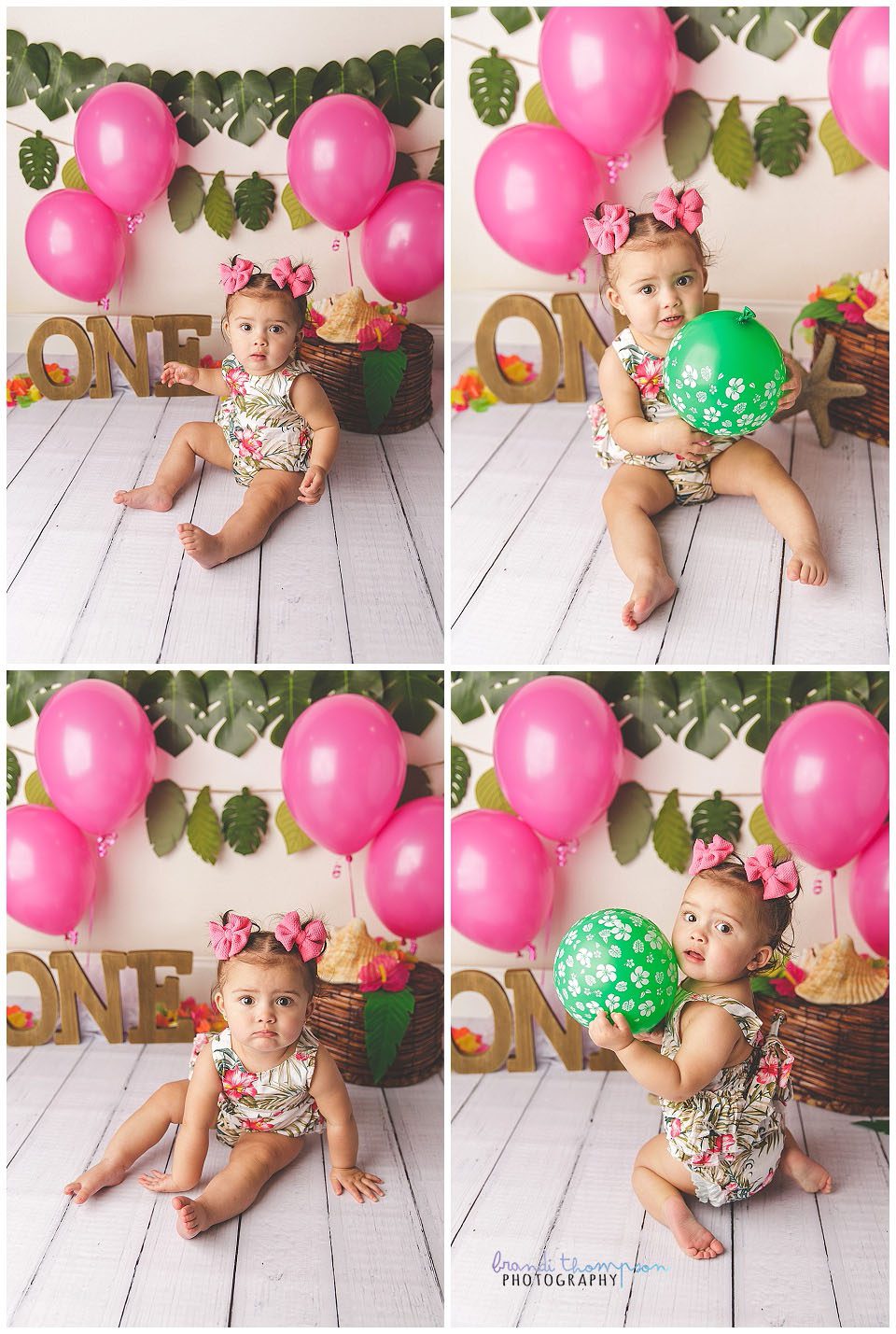 tropical themed green and pink cake smash with one year old baby girl