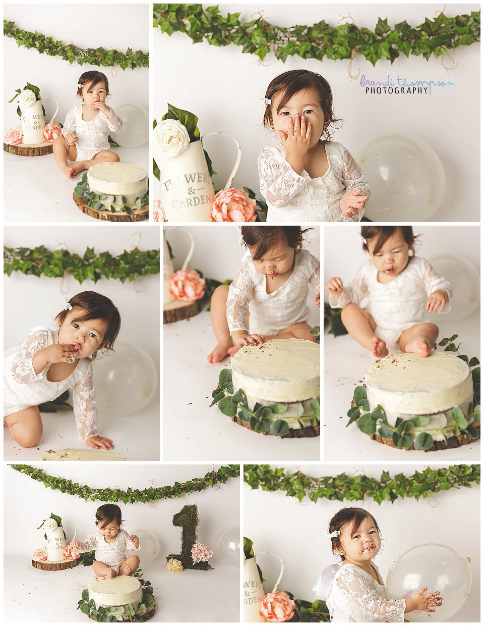 white, minimal garden inspired cake smash with baby girl in white lace onesie