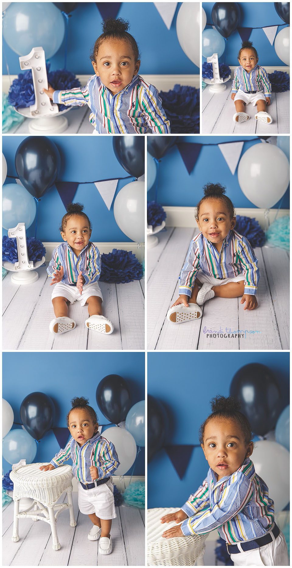 One year old Black baby boy in blue striped shirt, white shorts, with a blue and white birthday background, plano tx