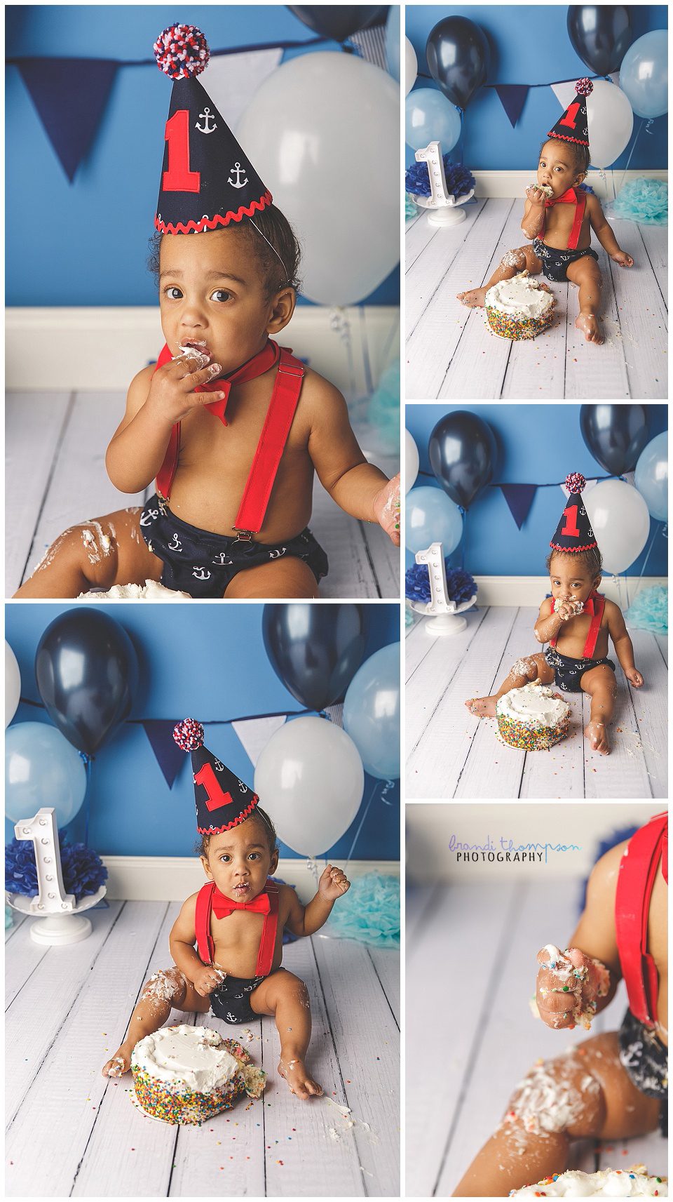 a Black baby boy with a cake in a navy blue and red suspender outfit and birthday hat, in front of a blue and white birthday background, plano, tx