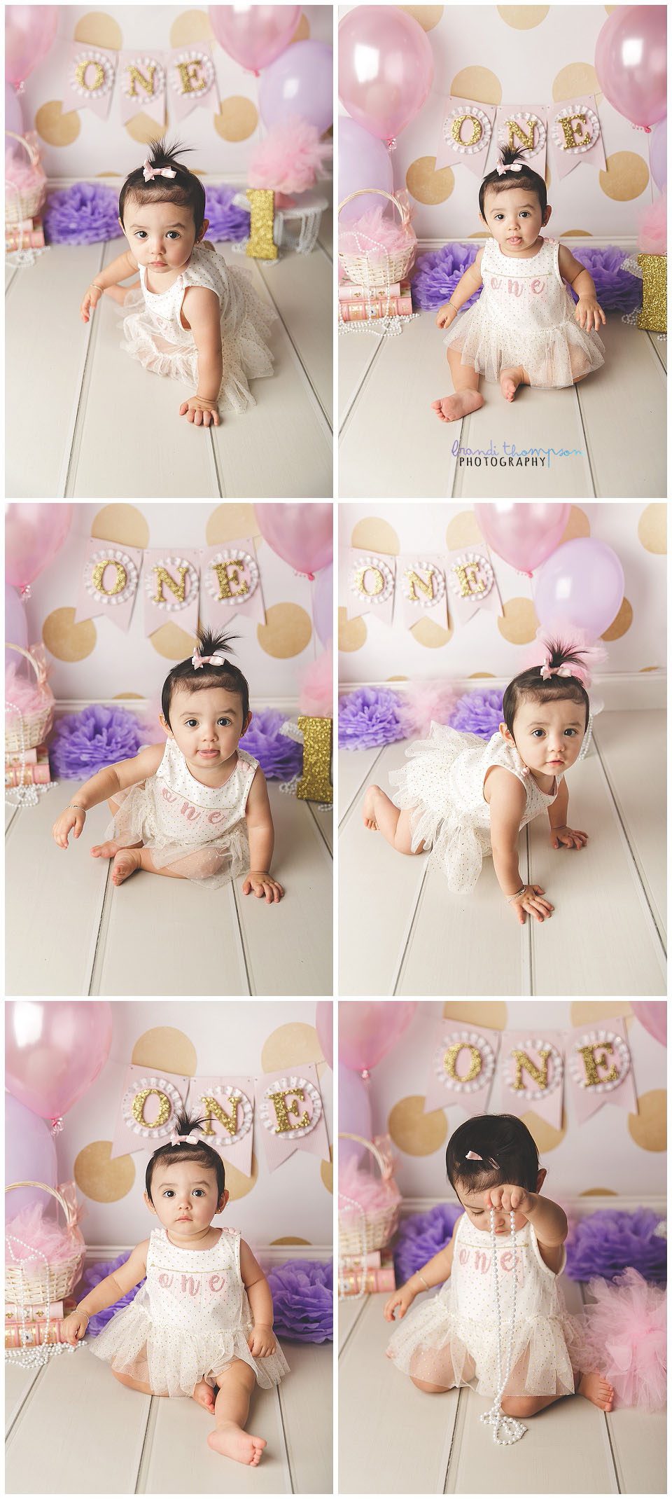 one year old girl photo session with pink, purple, gold and white plano tx 