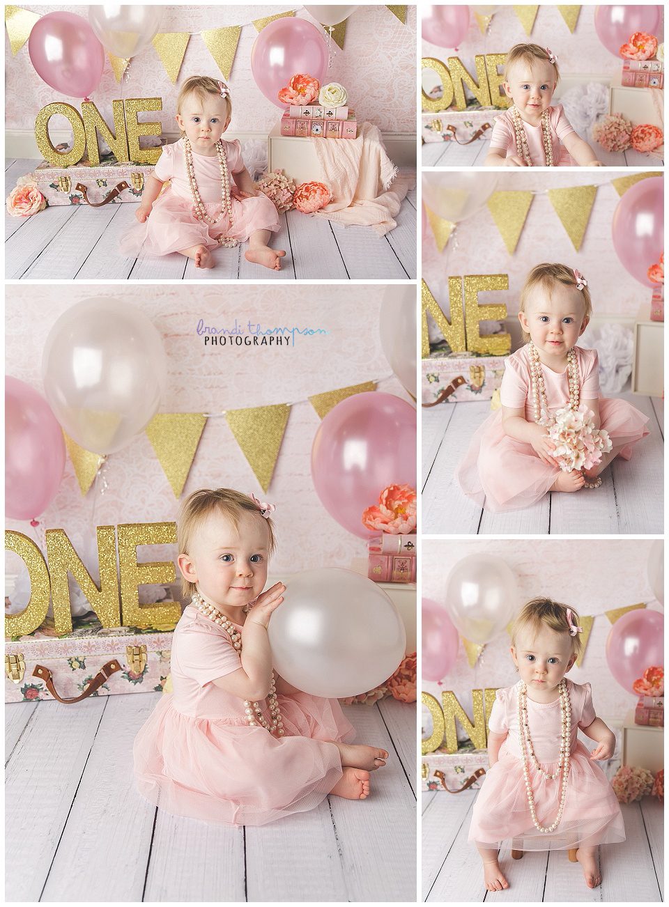 baby girl with first birthday cake smash in a pink and gold studio