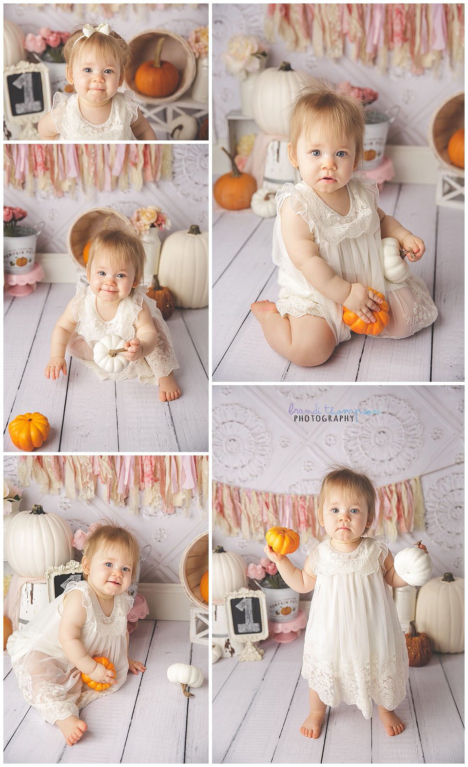 white, pink and orange pumpkin themed cake smash set with one year old baby girl in plano, tx