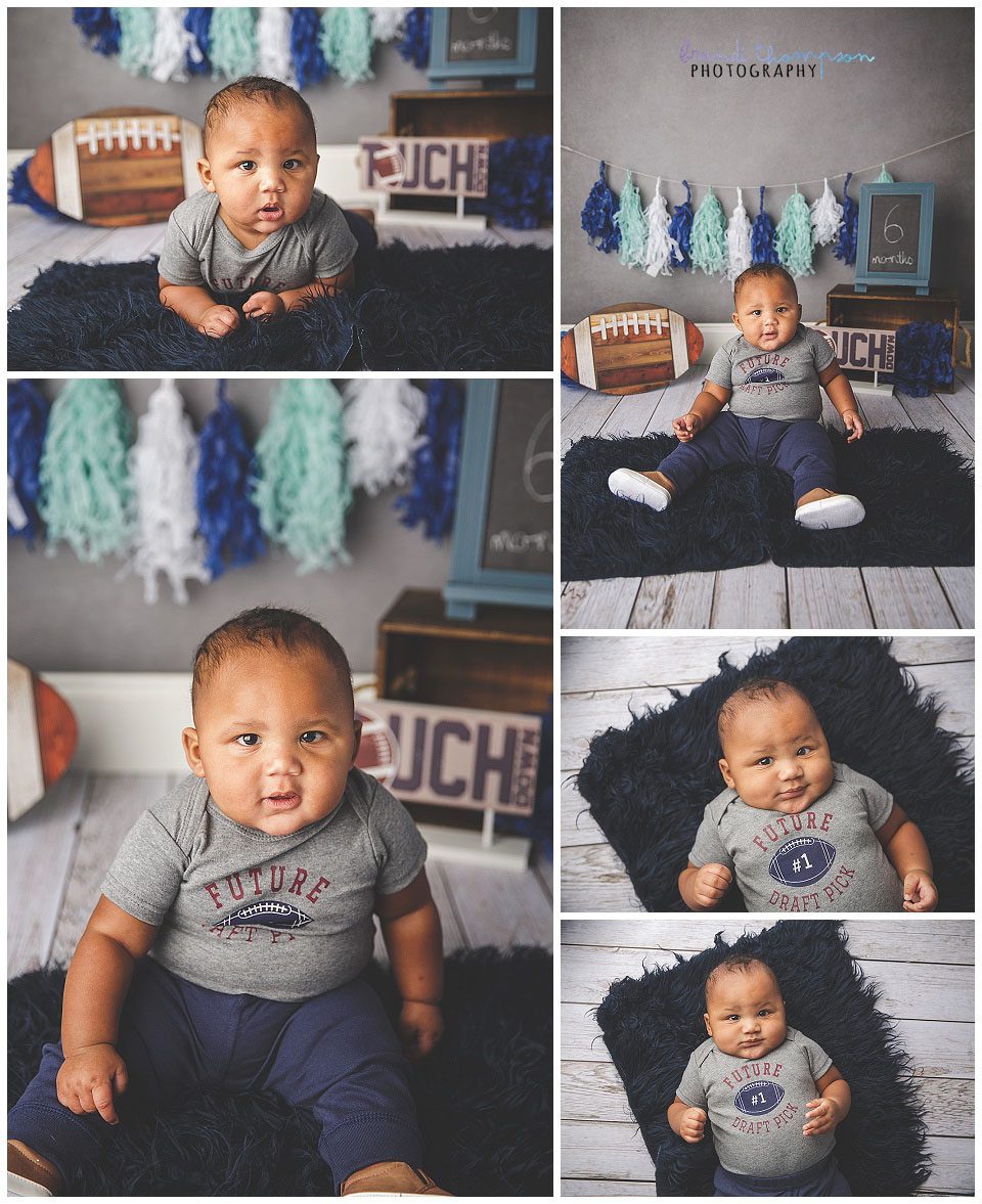 six month old baby boy with blues and grays in plano studio
