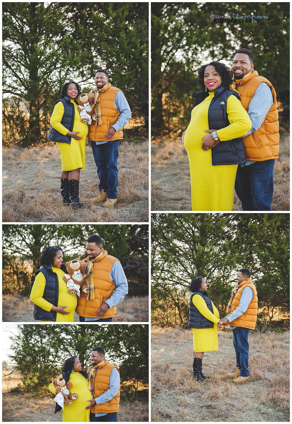 outdoor maternity photos with a Black couple wear tones of yellow, blue and orange. 