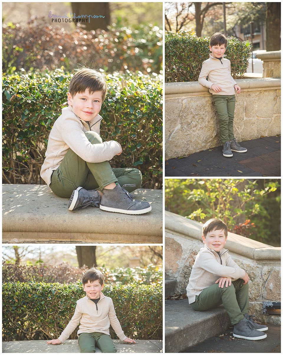 outdoor photos of a five year old boy in a tan long sleeve shirt and green pants. 