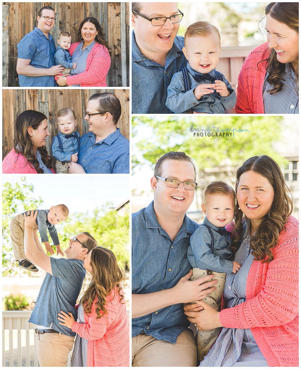 outdoor family session with mom, dad and toddler, they are a white family, dressed with blue, khaki and mom is wearing a coral sweater