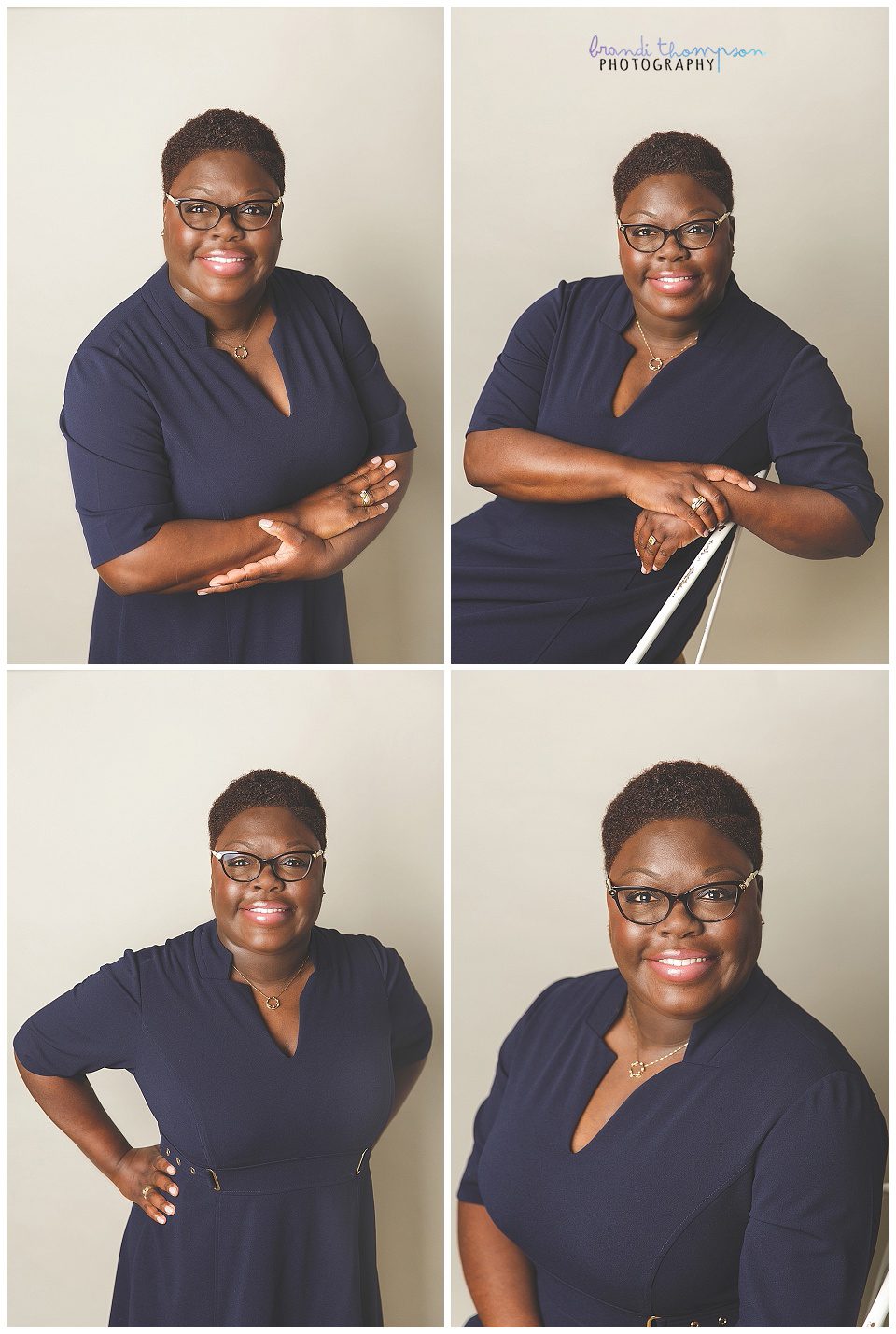 A collage of headshots of a Black woman with short hair in a navy dress against a light gray background