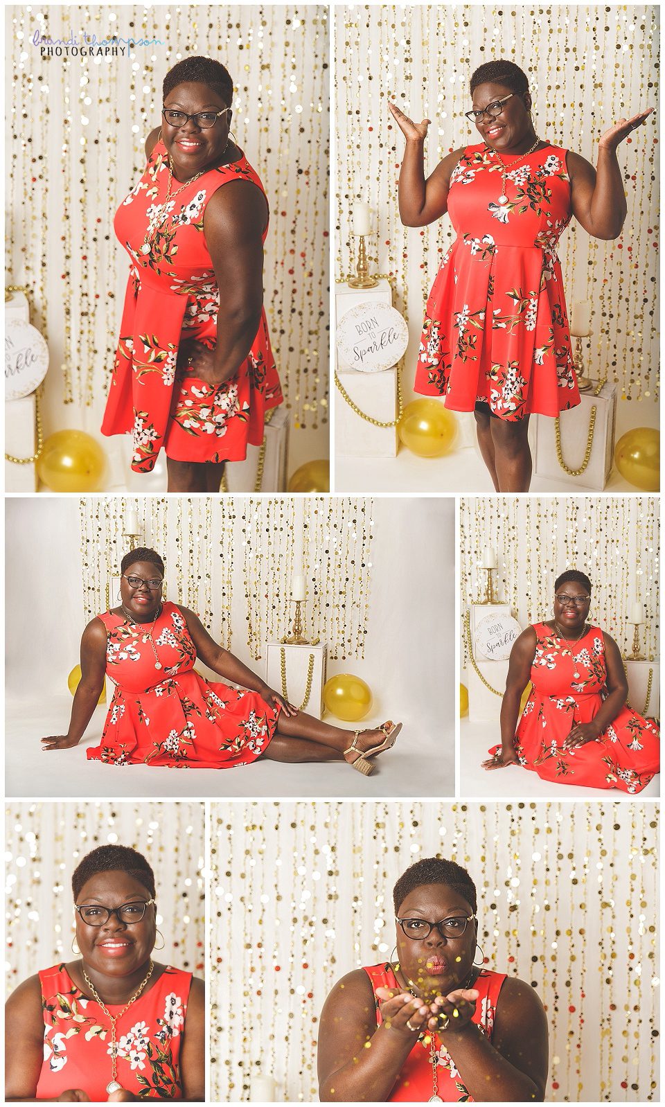 A photo collage with a Black woman with short hair wearing a dark orange floral dress, with a cream and gold background behind her. She's in a variety of poses.