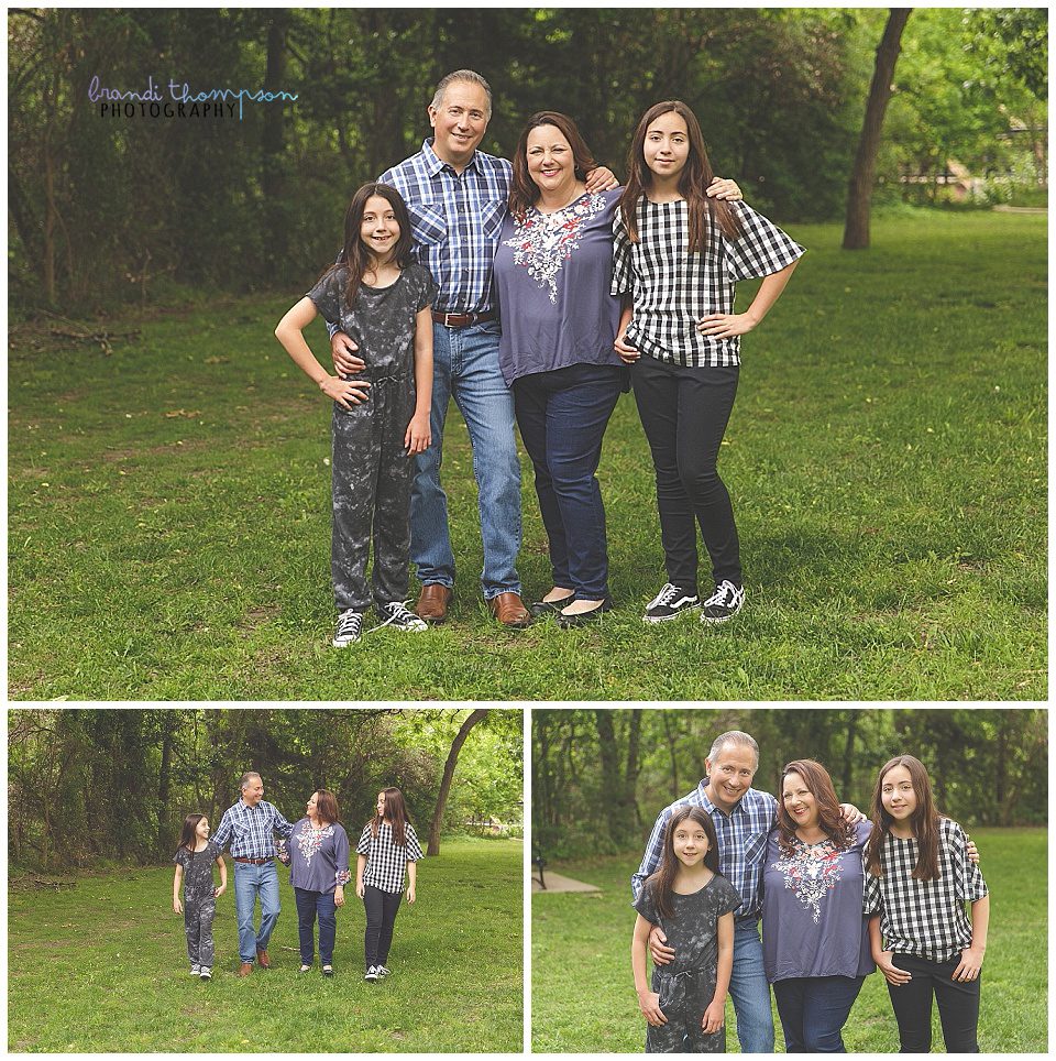 outdoor family photo session in a natural area with dad, mom and two tween/teen girls. 