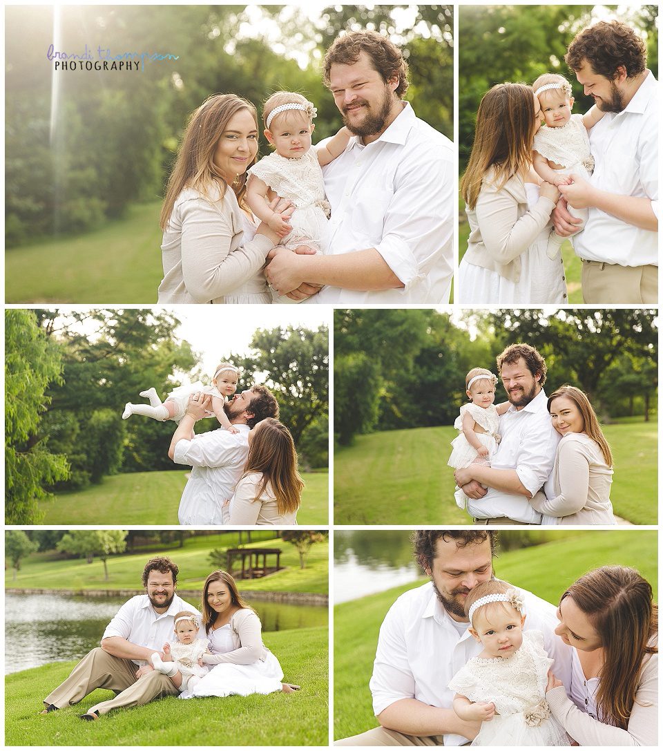outdoor family photos with mom, dad and one year old girl in plano texas