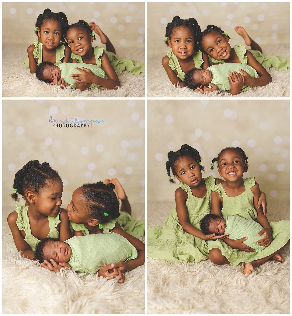 Two sisters with baby brother on cream backdrop. Black family wearing shades of green