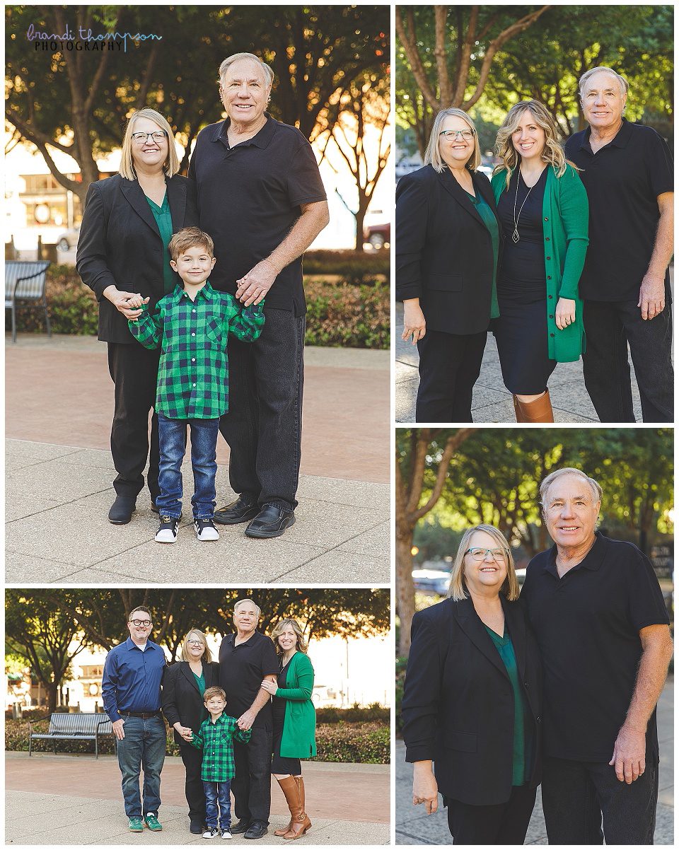 outdoor city family photos with grandparents, parents and young boy. They are wearing black, green and blue