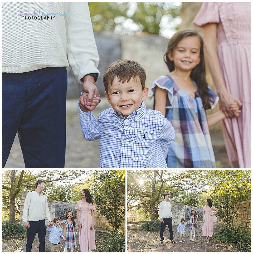 outdoor family photos in a frisco, tx park with a white family, dad, mom, big sister and little brother. 