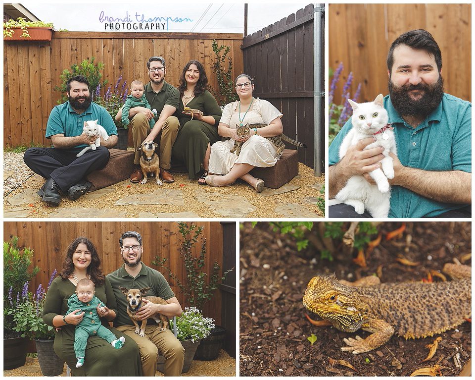 family photos with pets and a baby in a backyard with wooden fence and potted plants