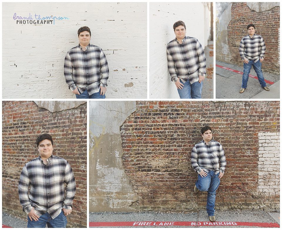 urban mckinney senior session with white teen boy in black and white plaid shirt and blue jeans