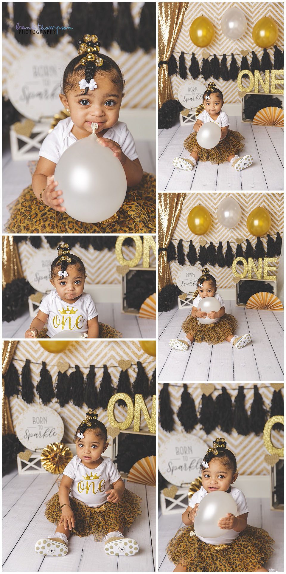 Black one year old baby girls first birthday session with gold, black and white set and yellow cake