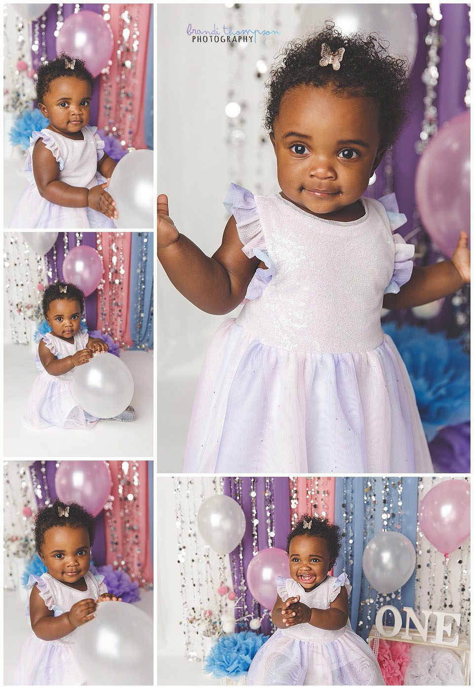 Black one year old baby girl with curly hair in a pastel dress with pink, blue, purple and white sparkly decor with cake smash session