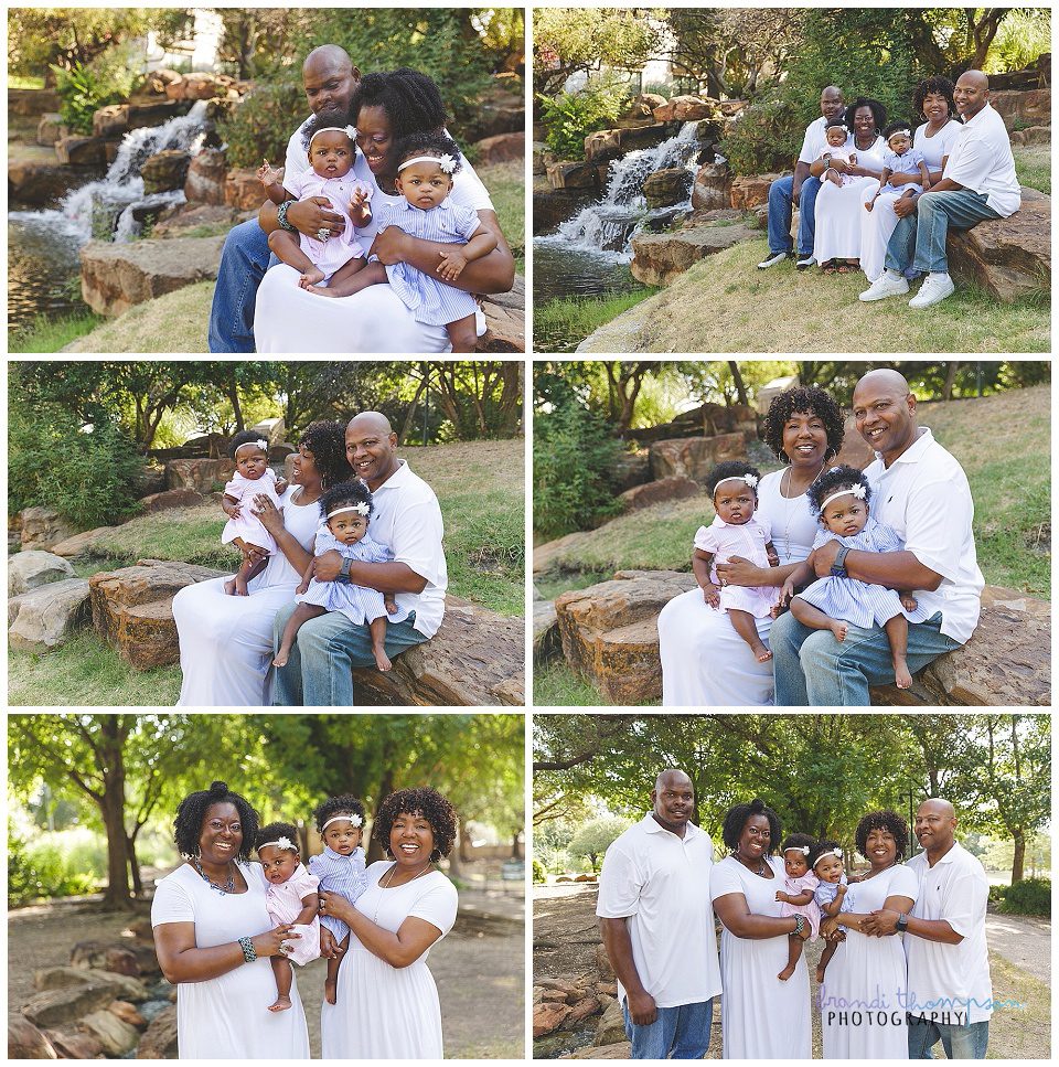 A collage of outdoor photos with a Black family, some with mom, dad, and twin one year old girls, and some including grandparents. They are all dressed in blue and white, with one twin in pink