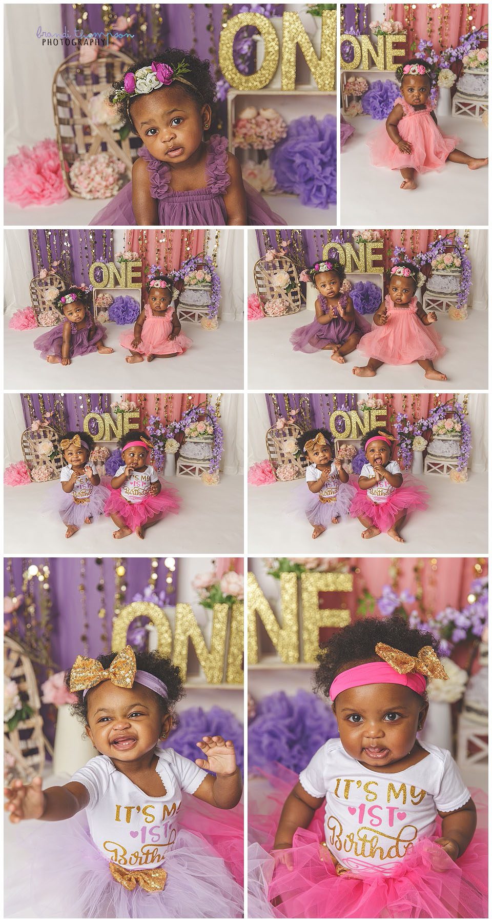 studio photos of twin Black one year old girls in various pink and purple outfits, with a pink, purple and gold backdrop with floral elements