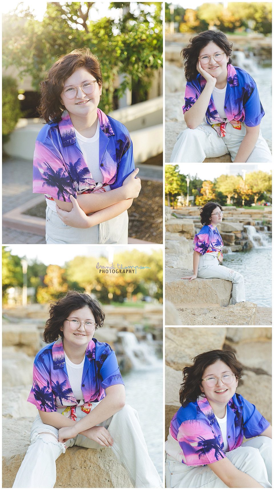 collage of outdoor photos of a light skinned tween girl with short, asymetric curly hair. She is wearing a pink and purple shirt with palm trees, and light colored jeans