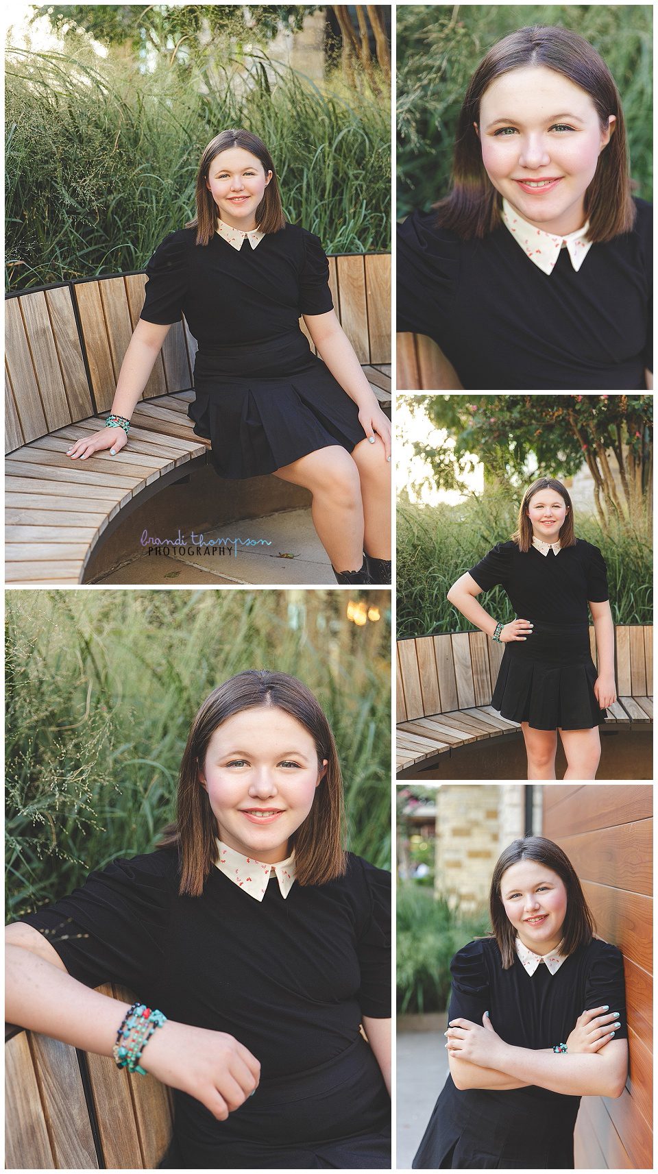 Photo collage of a light skinned tween girl with shoulder length brown hair and wearing a black outfit with white collar