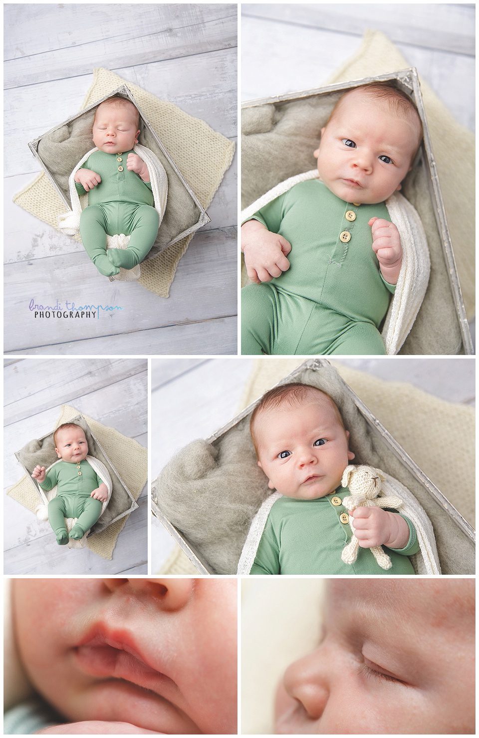 collage of newborn white baby boy images, some open eyes, some close up macro images
